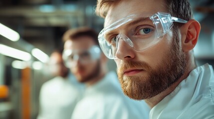 Poster - r&d centre image with portrait of engineers wearing protection glasses researching new energy source