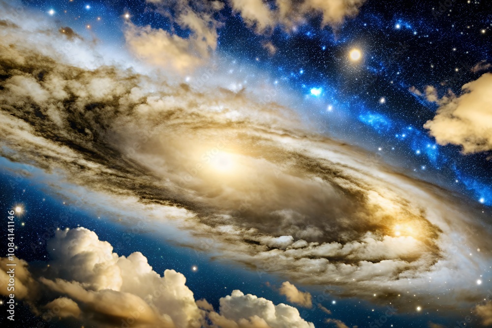 Stunning galaxy spiral with glowing stars and golden clouds, creating a ...