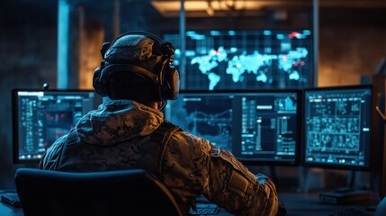 Poster - Dedicated Military Operator Analyzing Tactical Data in a High-Tech Command Center with Multiple Monitors Displaying Global Maps and Charts