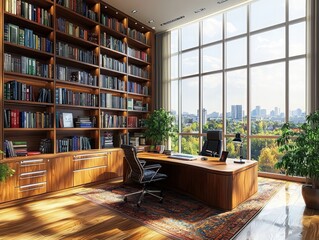 Poster - Create your dream workspace minimalist office design with large bookshelf urban setting interior photography bright atmosphere modern aesthetic