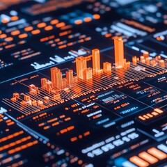 Poster - A close-up of a glowing orange digital data visualization with 3D bars on a dark blue background.