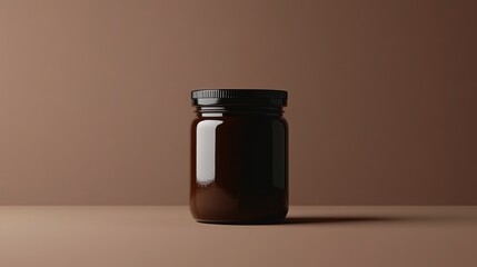 Poster - A Dark Glass Jar with a Black Lid on a Brown Surface