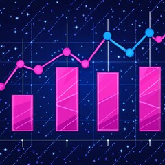 Poster - Abstract 3D bar chart with rising line graph on a starry night sky background.
