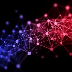 Poster - Abstract network of connected glowing red and blue dots on a black background.