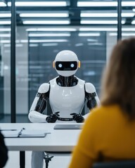 Poster - Robotic interaction session corporate office ai technology modern workspace close-up view innovation in automation