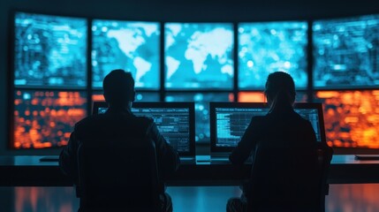 Poster - Cybersecurity monitoring event control room digital display content high-tech environment professional viewpoint data analysis concept