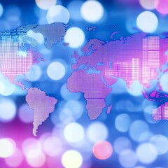 Poster - Blurred world map with bokeh lights in blue and purple tones.