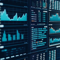 Poster - Close-up of a computer screen displaying multiple graphs and data tables, likely related to financial markets.