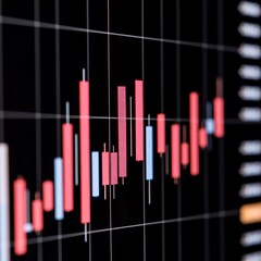 Poster - Close-up view of a financial chart with red and blue candlestick patterns on a black background.