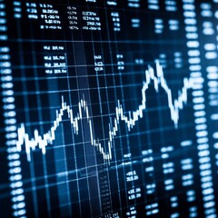 Poster - Close-up view of a stock market graph with a white line on a blue background.
