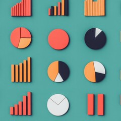 Poster - Colorful 3D charts and graphs on turquoise background.