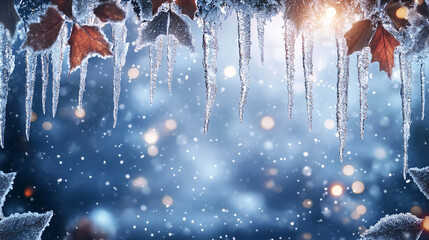 Poster - Icicles and frost-covered leaves adorn a branch against a softly blurred background of falling snow and bokeh lights
