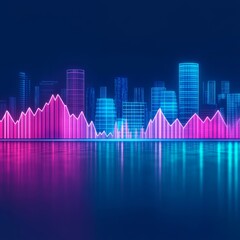 Poster - Neon city skyline with pink and blue glowing lines reflecting on water.