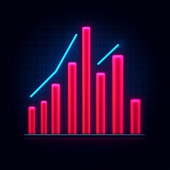 Poster - Neon glowing chart with upward trend line on dark blue background.