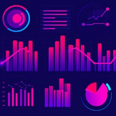 Poster - Neon pink and blue data visualization dashboard with charts and graphs.