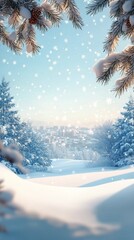 Wall Mural - Frosty pine branches frame a winter scene with softly falling snow and blurred city lights