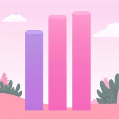 Poster - Three pink and purple bar charts in front of a pink and white sky with green plants on a sandy background.