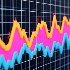 Poster - Three colorful lines rise and fall on a grid background, showing a fluctuating stock market graph.