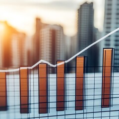 Poster - Upward trend graph with city skyline background showing business growth.
