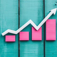 Poster - White arrow pointing up on pink bar graph against blue wood.