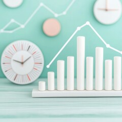 Poster - White bar graph with clock and chart in background on teal table.