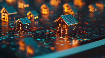 Poster - Digital Representation of Smart Homes with Neon Lights on a Technological Background, Showcasing Future Living Concepts and Innovations in Real Estate and Architecture