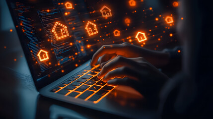 Poster - Hands Typing on a Laptop with Glowing House Icons Representing Real Estate Technology and Digital Home Management in a Modern Workspace Environment