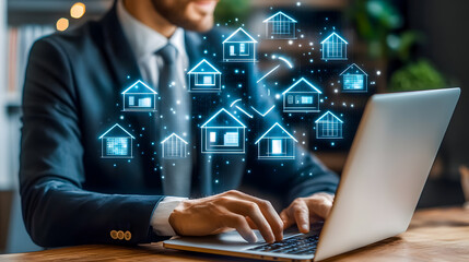 Poster - Professional Businessman Using Laptop with Digital House Icons for Real Estate Technology, Market Analysis, and Virtual Property Management Solutions