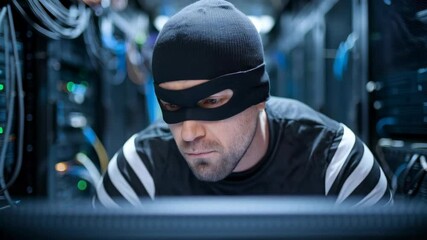 Poster - A masked individual working intently on a computer in a server room, suggesting illicit activity.