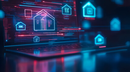 Poster - Digital Illustration of a Laptop with Colorful House Icons Representing Smart Home Technology and Real Estate Concepts in a Modern, Futuristic Setting