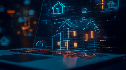 Poster - Digital Representation of a House on a Laptop Screen with Futuristic Graphical Elements Illustrating Smart Home Technology and Real Estate Concepts
