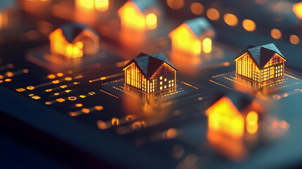 Poster - Illuminated 3D Models of Houses on a Digital Interface with Glowing Elements Representing Smart Urban Development and Real Estate Technology Innovation