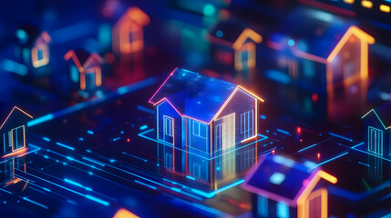 Poster - Futuristic Digital Neighborhood with Glowing Houses on Circuit Board Background Representing Smart City Technology and Urban Innovation Concepts