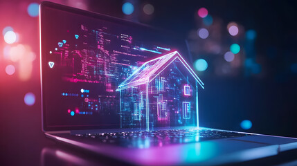 Poster - Digital House Concept on Laptop Screen with Neon Lights, Representing Smart Home Technology and Future Living in a Colorful Virtual Environment