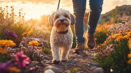 Poster - Small dog on a leash exploring a flower-filled park with owner walking alongside capturing pet tourism in nature with side empty space for text Stockphoto style