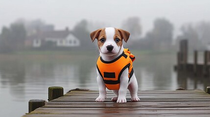 Fototapete - Puppy wearing a tiny life jacket on a boat dock ready for a water adventure with owner preparing for a day on the lake with side empty space for text Stockphoto style