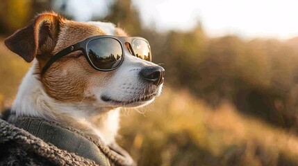 Fototapete - Small dog wearing doggles riding on a bicycle basket along a nature trail with owner cycling behind showing outdoor pet tourism with side empty space for text Stockphoto style