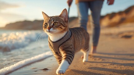 Fototapete - Cat wearing a tiny harness exploring a beach as waves come in and owner walks nearby in an outdoor pet travel moment with side empty space for text Stockphoto style
