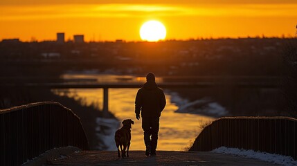 Fototapete - Owner and dog walking across a scenic bridge over a river with sun setting in the background creating a tranquil pet-friendly travel moment with side empty space for text Stockphoto style