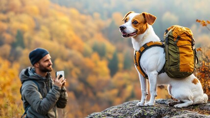 Fototapete - Dog standing near a scenic mountain view wearing a colorful harness with owner nearby capturing travel moments with side empty space for text Stockphoto style
