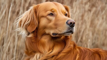 Wall Mural - Golden retriever with head out of a car window enjoying fresh air and scenic countryside as they travel with pet tourism concept with side empty space for text Stockphoto style