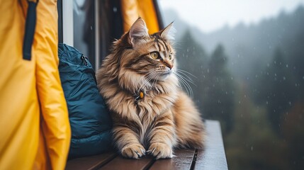 Poster - Fluffy cat relaxing on a scenic cabin porch while owner sets up camping gear nearby in pet-friendly travel setting with side empty space for text Stockphoto style