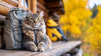 Poster - Fluffy cat relaxing on a scenic cabin porch while owner sets up camping gear nearby in pet-friendly travel setting with side empty space for text Stockphoto style