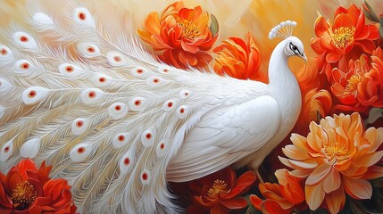 Sticker -   A painting depicts two white peacocks surrounded by orange and red flowers, one in the foreground and one in the background