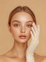 Leinwandbilder - A model demonstrates a calm expression while touching her face, highlighting the significance of cosmetic surgery in enhancing beauty. Generative AI