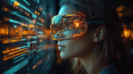 Poster - Woman using virtual reality glasses futuristic setting technology image urban environment close-up view innovation concept