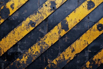 Wall Mural - Rustic textured background with yellow diagonal stripes against a worn black surface