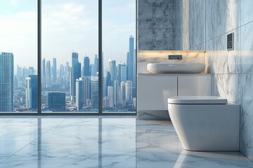 Wall Mural - Modern bathroom with city view highlighting sleek toilet design and marble elements