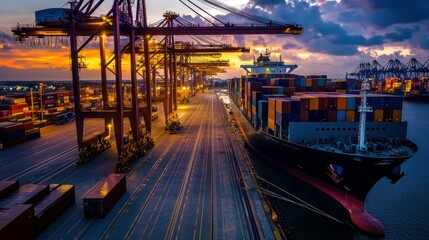Poster - Cargo Ship Docked at a Container Port During Sunset