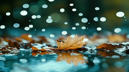 Wall Mural -   A leaf rests atop a water-stained patch beside another leaf, speckled with droplets